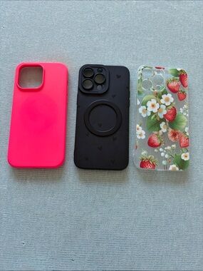 iPhone 14 Pro Max Case Bundle - Pink, Black & Floral Strawberry Designs